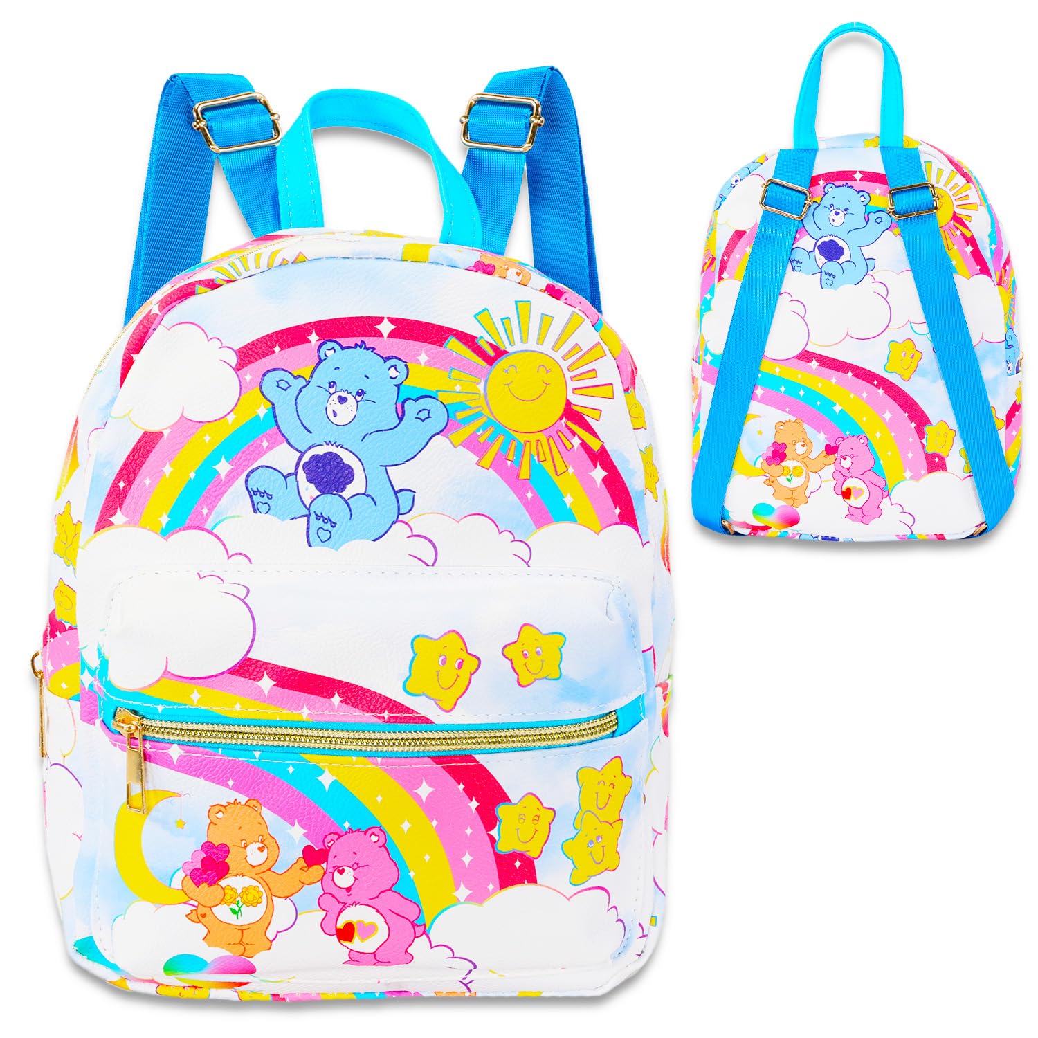 Care Bears Mini Backpack for Girls - 10” Faux Leather Care Bears Backpack with Front Pocket Plus Bottle | Care Bears Backpack Bundle