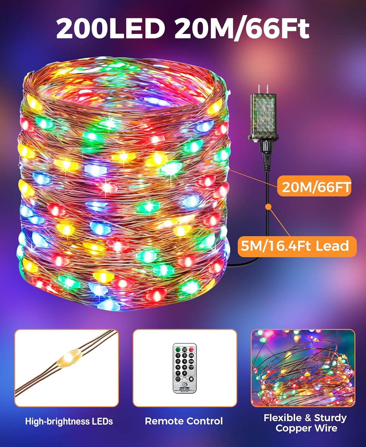 Skiennix 66 Ft LED Fairy Lights - 200 Multi-Colored Twinkle Lights with Remote, 8 Modes & Timer