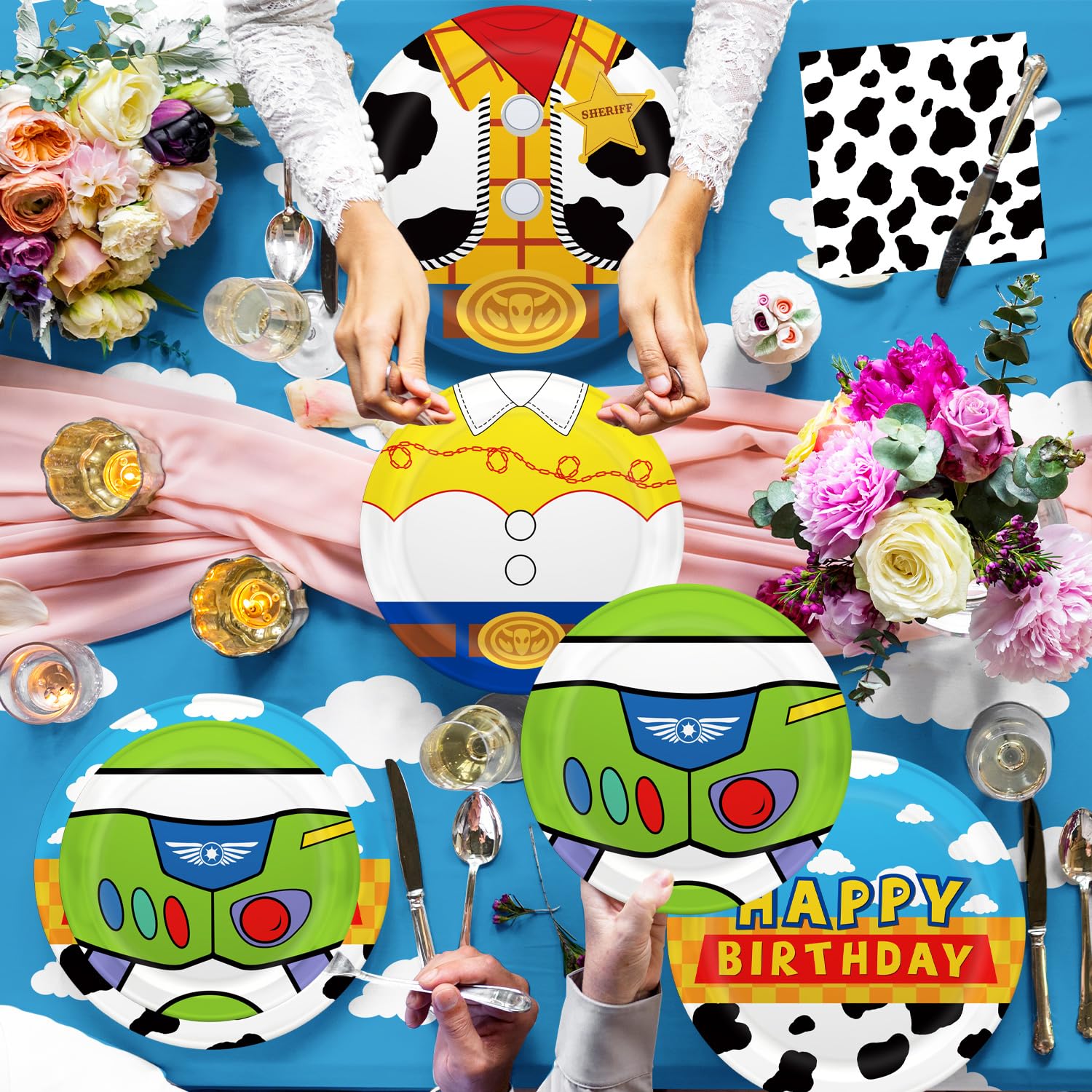 130pcs Story Birthday Party Decorations Tableware Set for 20 Guests Include Banner, Cupcake Topper, Cake Topper,Paper Plates,Napkins and Cups,Plastic Tablecloth and Forks,Latex Balloons