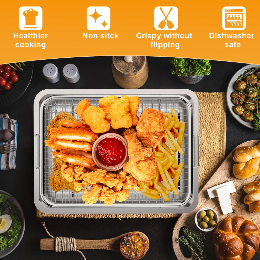 Air Fryer Basket for Oven 15" x 11", Stainless Steel Crisper Tray & Baking Pan Set with 50 PCS Parchment Paper, Oven Air Fryer Rack for Bacon, Fries, Chicken, Healthy Oil-Free Cooking