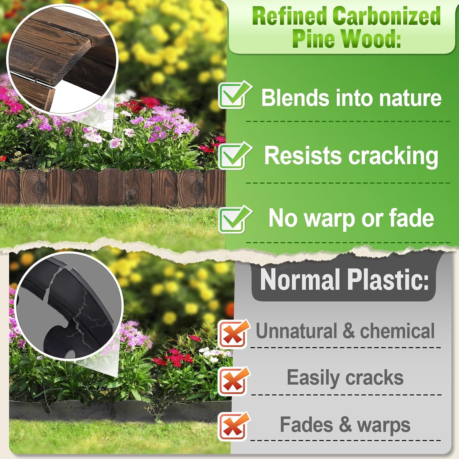 Sturdy Landscape Edging by [Brand Name] - 9.6ft Anti-Corrosive Wood Garden Border | Low-Profile Design for Flower Beds