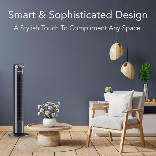 Comfort Zone Oscillating Tower Fan - Ultra-Slim Bladeless Design with 3 Speeds & 90° Oscillation | Quiet Portable Fan for Home or Office, Black