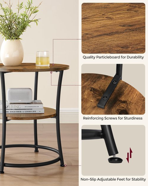 VASAGLE 21.7-Inch Round Side Table, 2-Tier End Table, Nightstand with Steel Frame, Spacious Top, for Small Spaces, Living Room, Bedroom, Rustic Brown and Ink Black ULET56BX