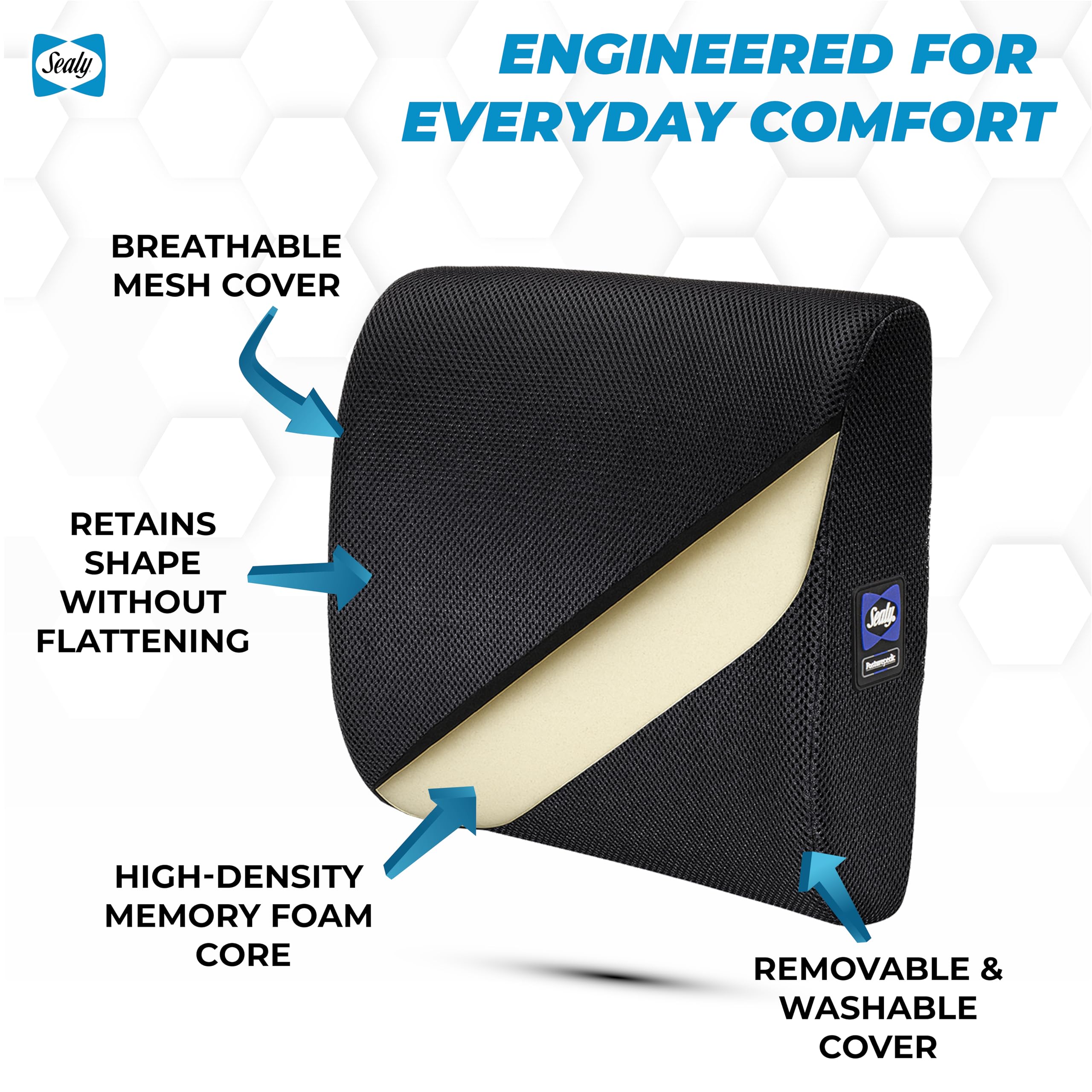 Sealy Lumbar Support Pillow for Office Chair and Car Seat - Lower Back Pain Relief, Memory Foam Lumbar Pillow & Back Brace Support Posture Corrector