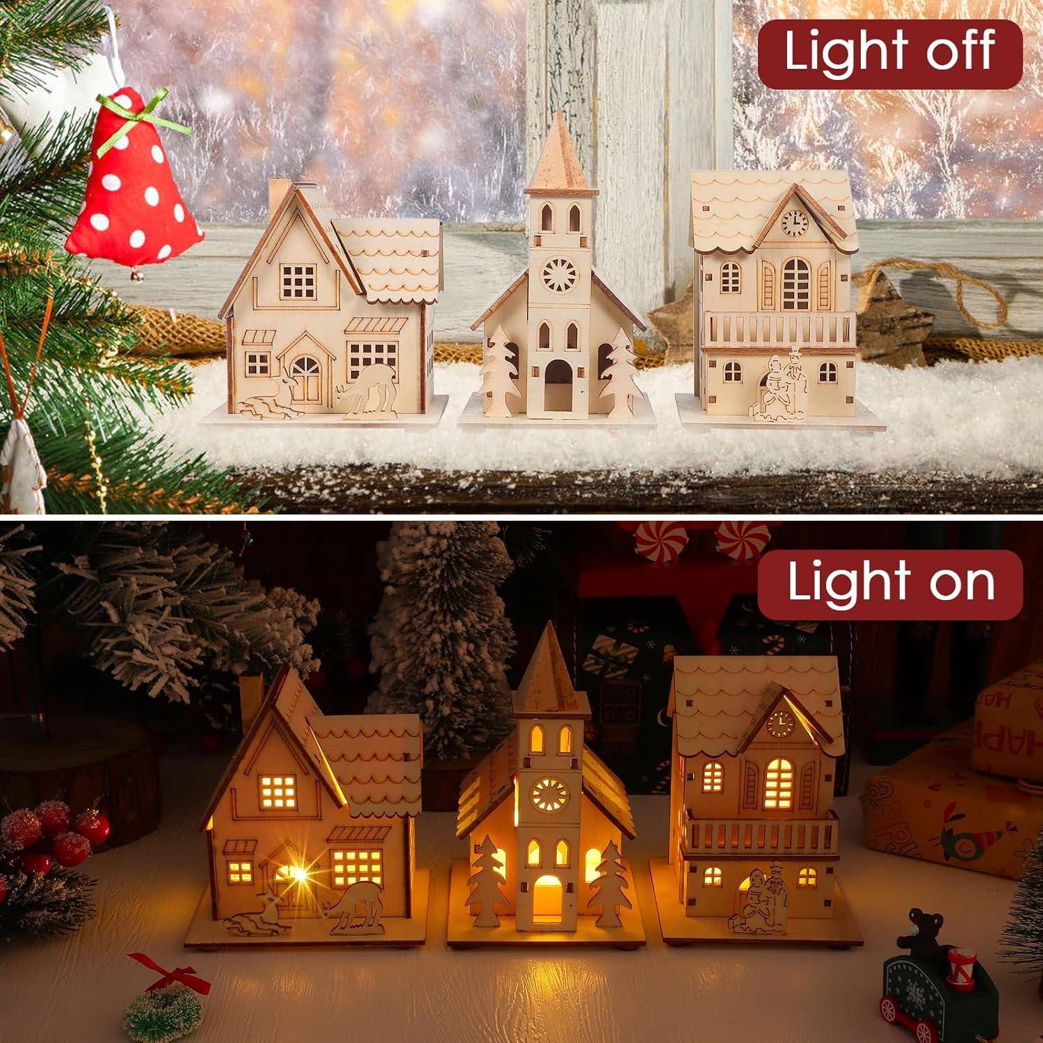 Skiennix Christmas Village Houses - LED Light Wooden Decor | Unfinished Rustic Design for Holiday Centerpieces