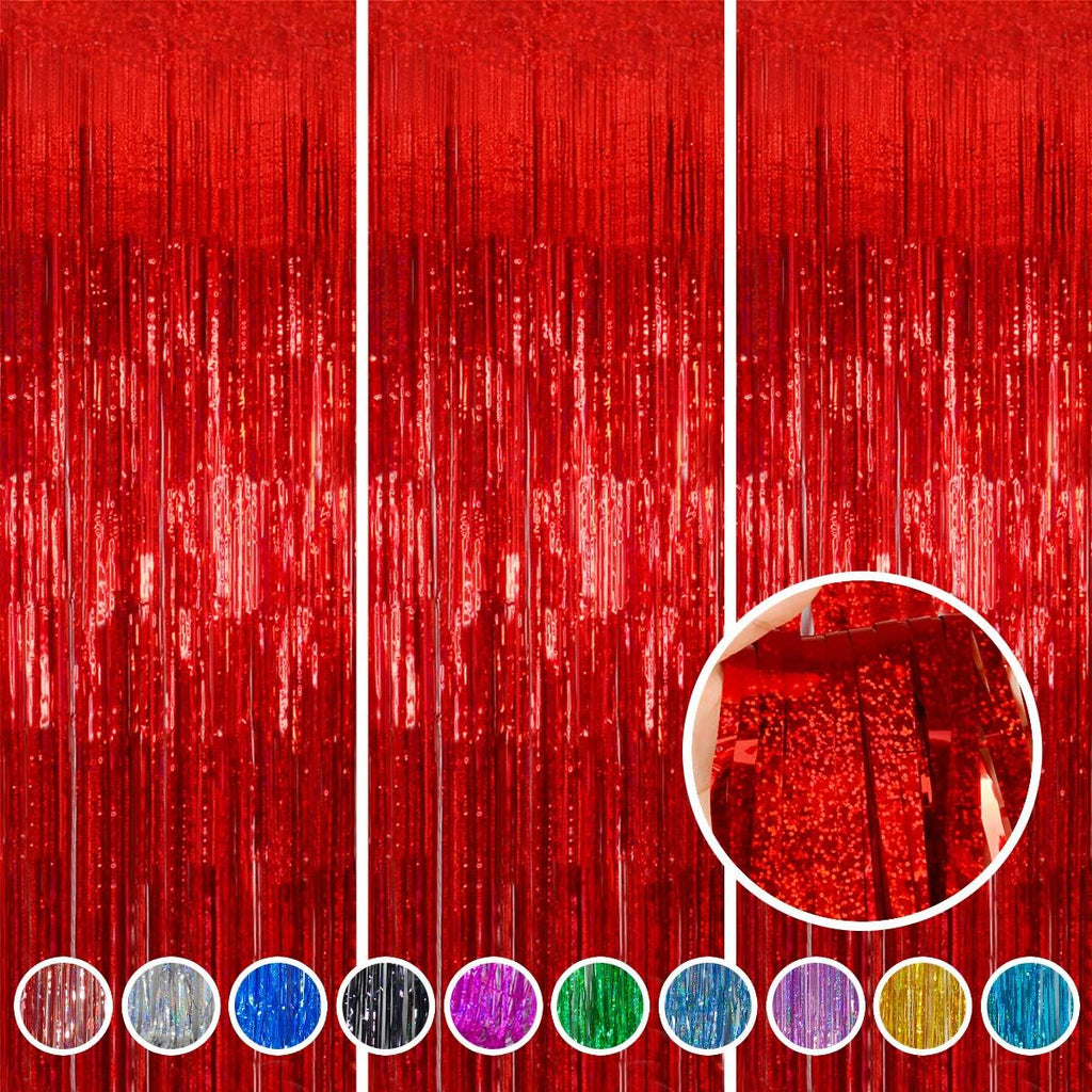 Red Foil Fringe Curtain | Shiny Tinsel Backdrop for Birthday Parties & Photo Booths - 3 Pack, 3.2 x 8.2 ft