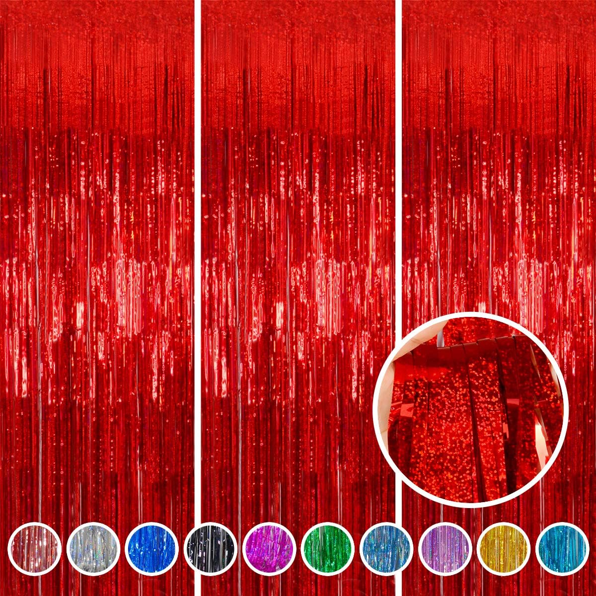 Red Foil Fringe Curtain | Shiny Tinsel Backdrop for Birthday Parties & Photo Booths - 3 Pack, 3.2 x 8.2 ft