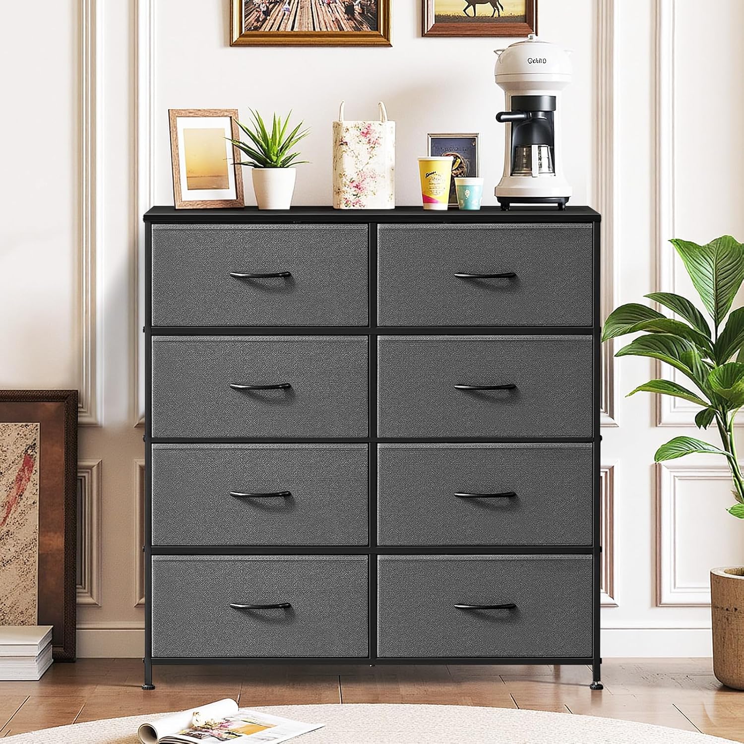 Skiennix 8-Drawer Dresser - Anti-Tip Tall Storage Organizer with Wooden Top & Metal Frame - Gray