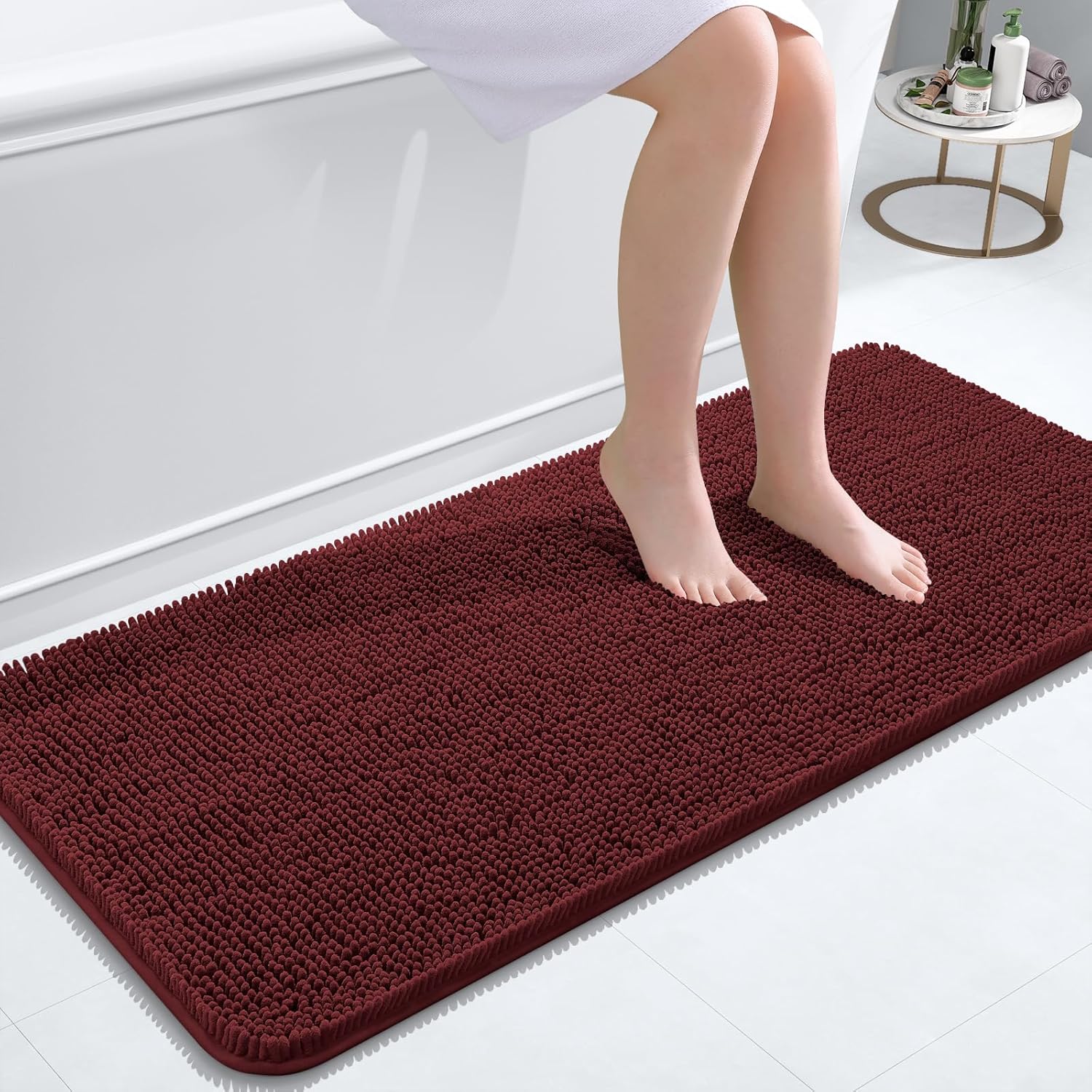 OLANLY Bathroom Runner Rug - Soft Absorbent Chenille with Rubber Backing | Quick Dry, 47x20 Inches, Andorra Red-Brown