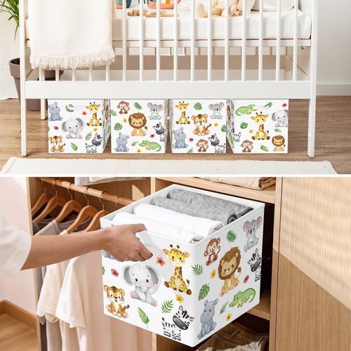 HUUMONSS 11.8" Jungle Animals Cube Storage Organizer Set 3Pcs Lion Giraffe Elephant Cube Storage Bin for Bathroom/Bedroom Parent Book Chest, Tiger