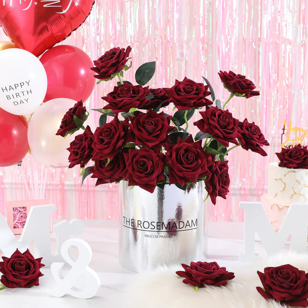 Floweroyal 15PCS Burgundy Roses, Artificial Flowers 4.33" Velvet Flowers with Long Stem Fake Roses for Mom, Wife, Anniversary Birthday Valentine's Day Gift for Women