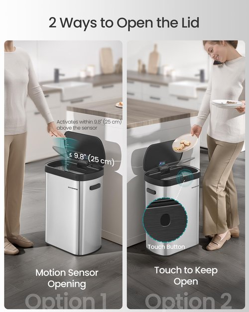 SONGMICS Motion Sensor Trash Can, 13-Gallon (50 L) Automatic Garbage Can with Soft Close Lid, Stainless Steel, Wave or Touch to Open, Includes 15 Bags, Metallic Silver and Ink Black ULTB640E01
