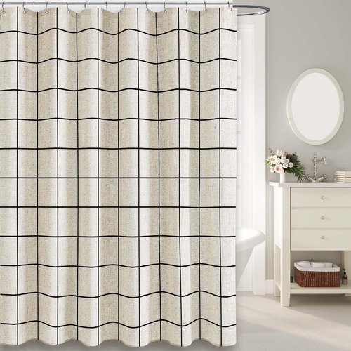 WOUVMA Farmhouse Plaid Shower Curtain Beige Linen Shower Curtains for Bathroom Natural Black Pattern 72 x 72 Inch