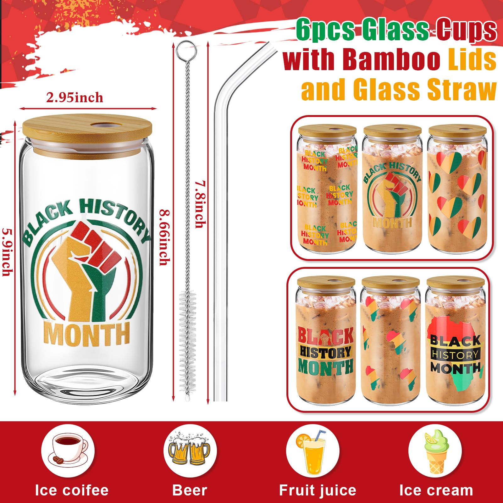 Acellegic 6 Pcs Black History Month Gifts Cups Glass Tumbler with Lids and Straws 16oz African American Bulk Party Favors Reusable Can Shaped Drinking Glasses for Juneteenth Party Supplies