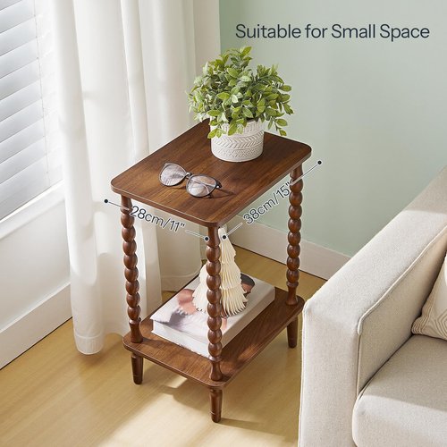 HOOBRO End Table, 2-Tier Small Side Table with Spindle Legs, Nightstand with Storage Shelves, Sofa Side Table, for Small Space, Living Room, Bedroom, Walnut WL189BZ01