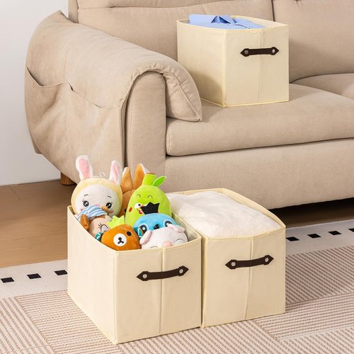 Large Collapsible Storage Baskets by [Brand Name] - Decorative Fabric Organizers with Leather Handles | 14.9"x9.5", Creamy White