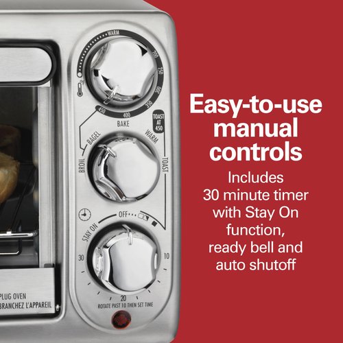 Hamilton Beach 4-Slice Toaster Oven with 5 Cooking Modes (Bake, Broil, Keep Warm Toast & Bagel) with Stay On & Auto Shutoff, 2 Rack Positions, 1100 Watts and 3 Accessories, Stainless Steel (31143)