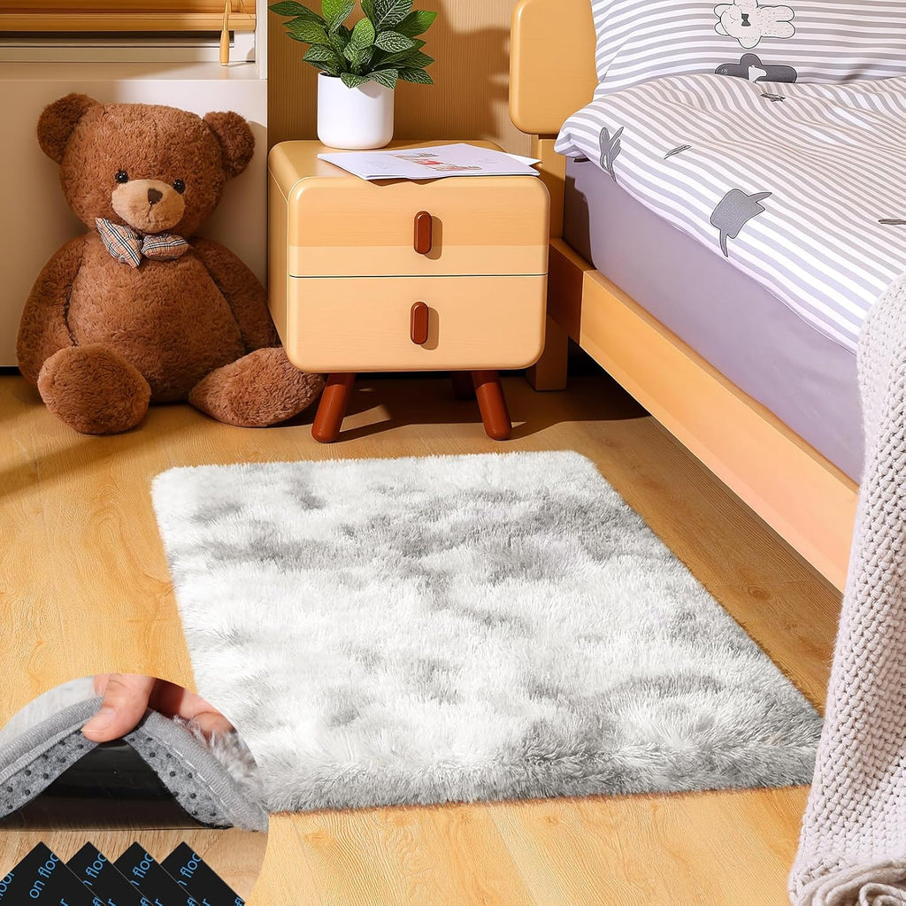 Skiennix Tie-Dyed Grey Area Rug - Soft Fluffy Shag Carpet for Kids' Rooms | 2ft x 3ft with Non-Slip Stickers