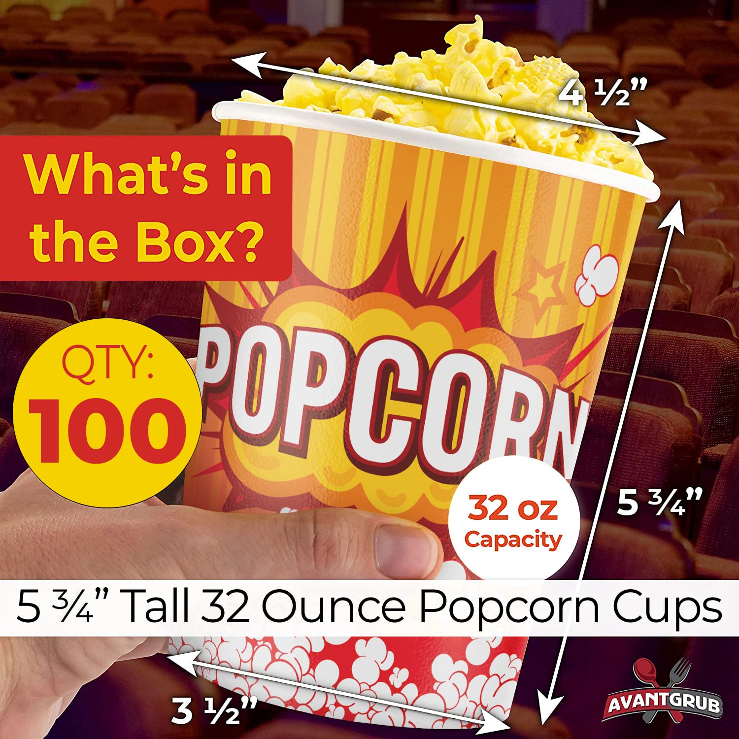 Leakproof, Super Durable 32oz Popcorn Cups 100 Pack. Grease-Proof Disposable Pop Corn Tubs With Cool Design Are the Ultimate Movie Theater Accessory. Large Containers Great for Any Party or Event