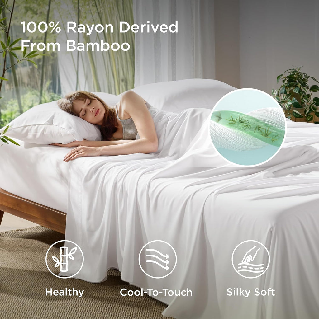 Bedsure King Size Sheet Set - Cooling Rayon Bamboo Sheets | Soft, Breathable & Luxurious White Bedding