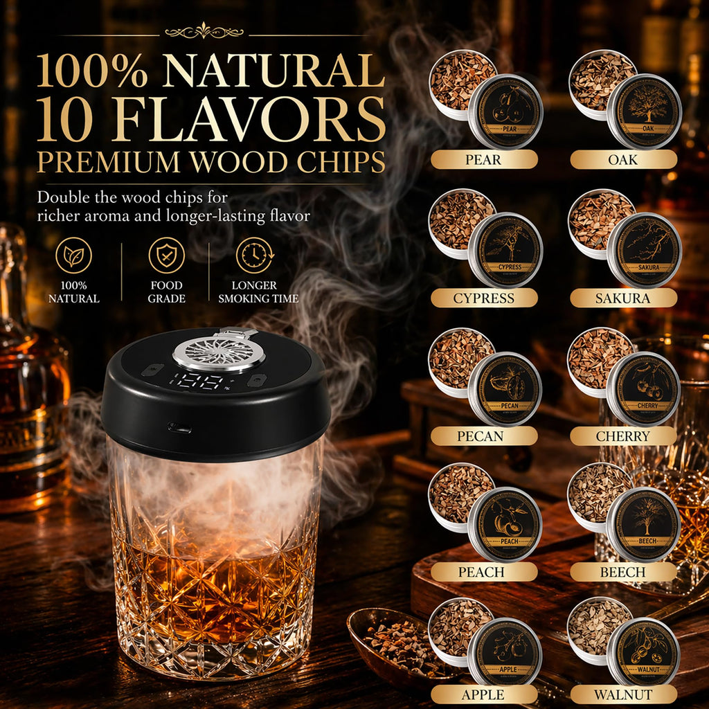 Electric Whiskey Smoker Kit, Torch-Free Rechargeable Cocktail Smoker with 7 Color Lights, All-in-1 Gift Set with 2 Wooden Whiskey Glasses, 10 Wood Chips, Ice Molds & Steel Cubes for Men, Dad