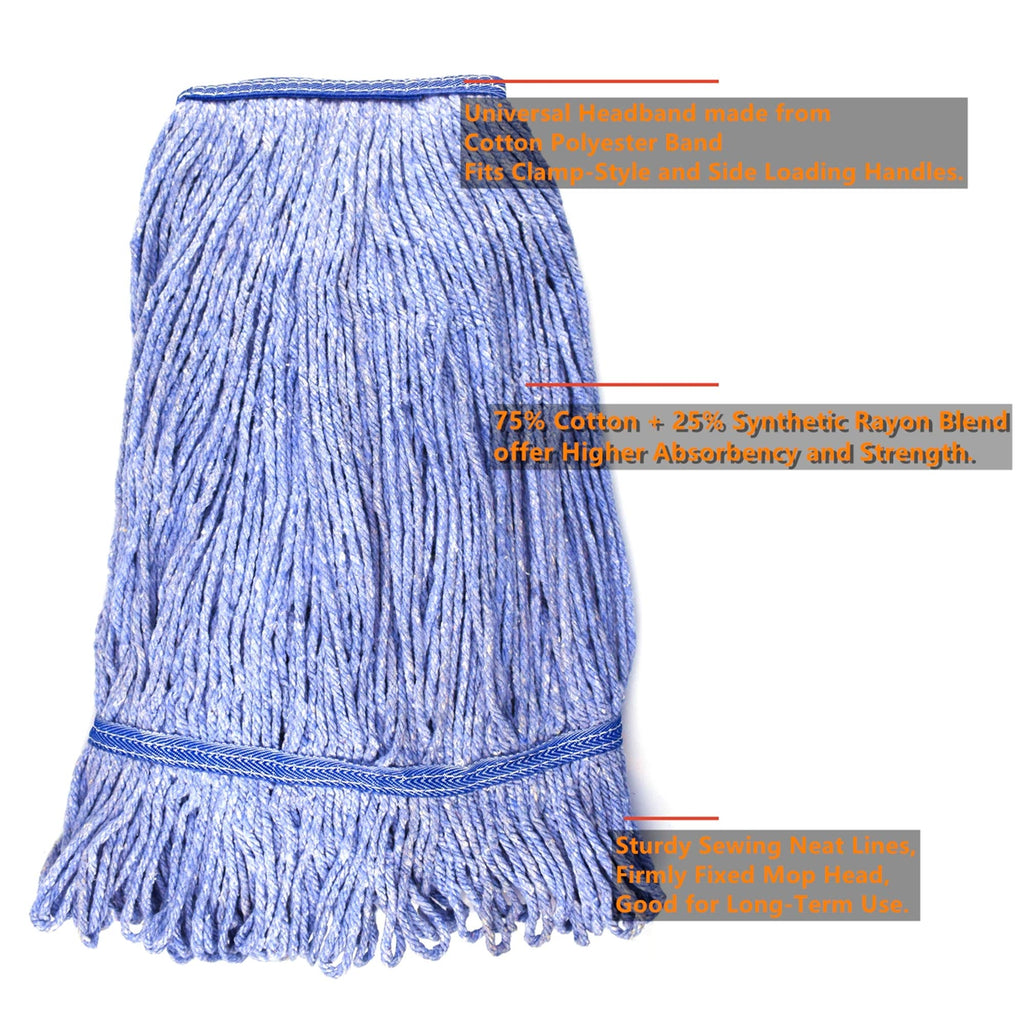 String Mop Heads Replacement Heavy Duty Commercial Grade Blue Cotton Looped End Wet Industrial Cleaning Mop Head Refills (1, Medium)