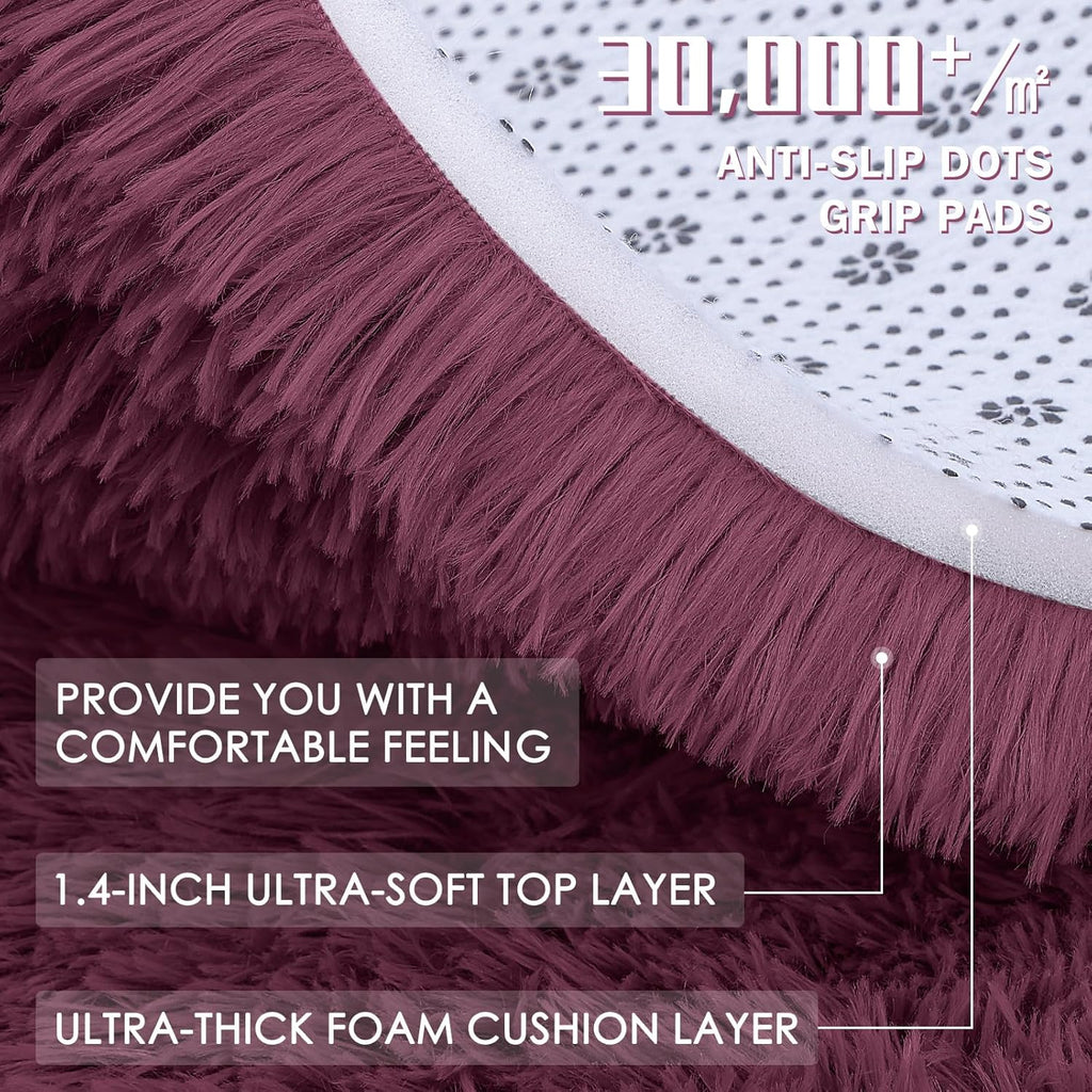 OLANLY Round Burgundy Area Rug - Soft, Fluffy, Machine Washable 2 ft Circle Carpet for Bedrooms & Nurseries