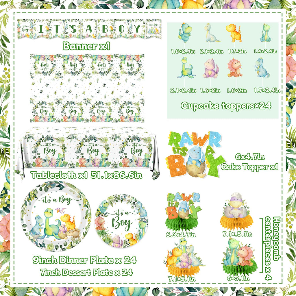 Dinosaur Baby Shower Decorations for Boy, It's a Boy Baby Shower Party Supplies Disposable Dino Plates Napkins Banner Tablecloth Cake Topper Balloon for Dinosaur Birthday Party Decorations, Serve 24