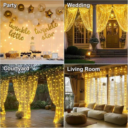 HXWEIYE 300LED Fairy Curtain Lights - 9.8x9.8Ft USB Plug-In with 8 Modes | Warm White Indoor Decor - 2 Pack