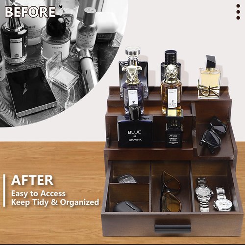 Butizone Cologne Organizer for Men, 3 Tier Perfume Stand Holder with Drawer and Hidden Compartment, Cologne Display Shelf for Dresser, Great Gift for Man/Father, Deep Brown