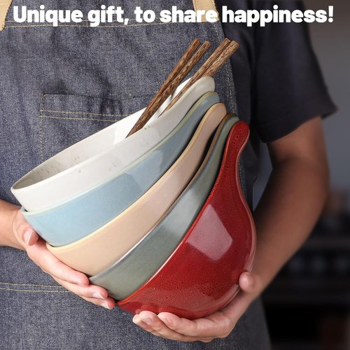 Artena Ramen Bowl Set - 42oz Ceramic Noodle Bowl with Chopsticks | Large Deep Soup & Salad Bowl in Red