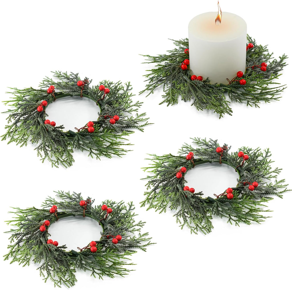 Regine Switzerland Christmas Candle Rings - 4 PCS Artificial Berries & Pine Needles Wreaths for Home Decor