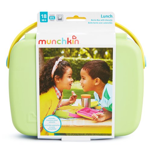 Munchkin Lunch Bento Box for Kids and Toddlers, Includes Stainless Steel Utensils, BPA-Free, 18 Months and Up, Blue/Green/Yellow
