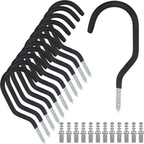 KURUI Heavy Duty Screw-In Hooks - 12 Pack Bicycle Storage Hooks for Garage & Ceiling - Large Black