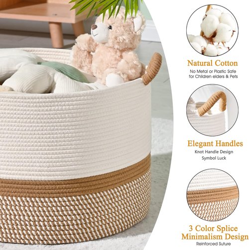 KAKAMAY Large Woven Blanket Basket - Cotton Rope Storage Hamper for Baby Laundry & Toys | White/Brown