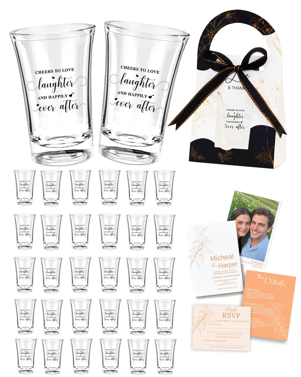 STELOVIKI 50 Sets Wedding Favors for Guests- Acrylic Clear Personalized 1.18oz Shot Glasses Bulk With Gifts Boxes & E-Cards Templates for Wedding Bridal Shower Gifts
