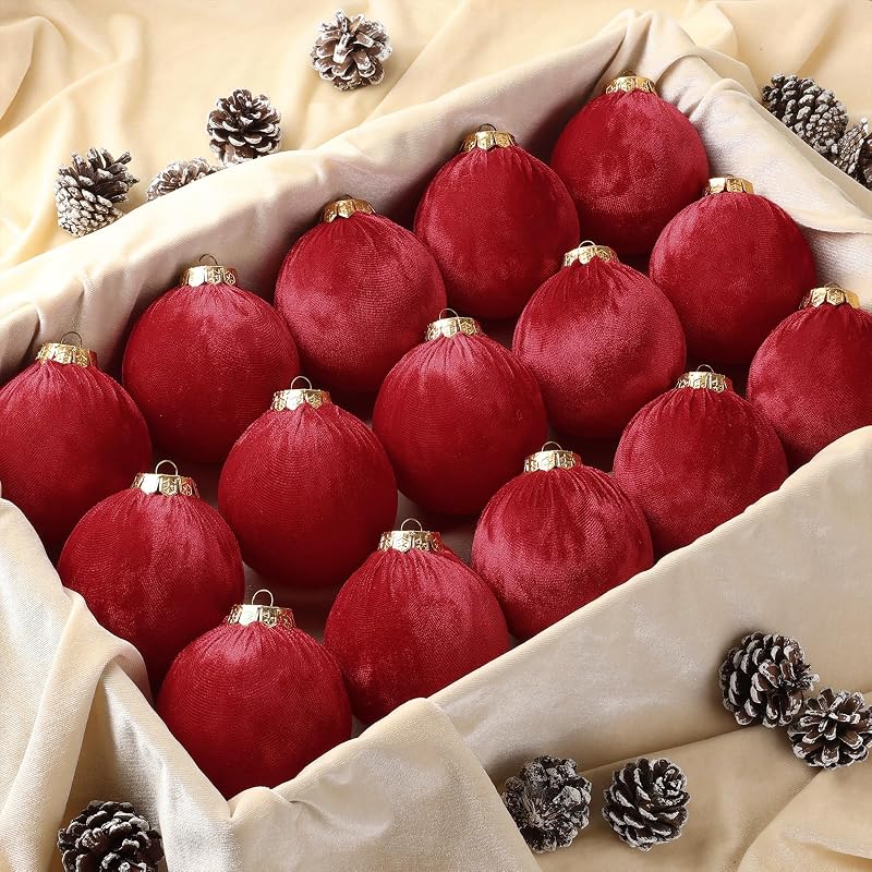 ZenNex Velvet Christmas Ball Ornaments 15 Pack 3.15in Red - Variation Red