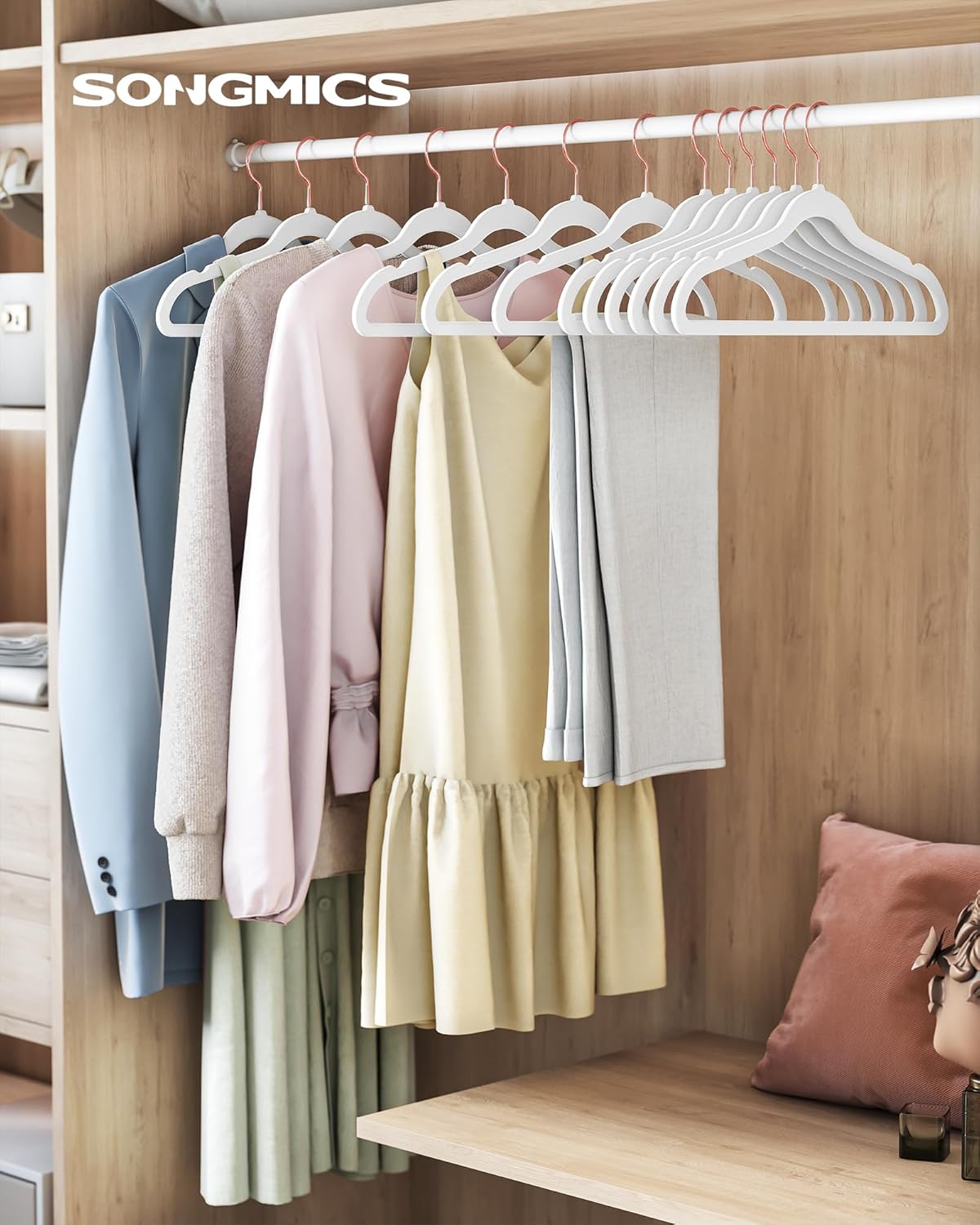 SONGMICS Slim Velvet Hangers - Non-Slip Clothes Hangers with Rose Gold Hooks | Space-Saving 50 Pack, White