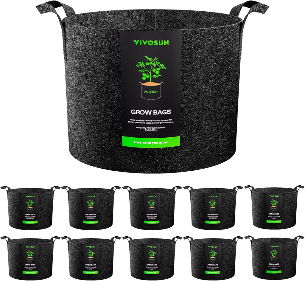 VIVOSUN 25 Gallon Grow Bags - 10-Pack Reinforced Fabric Planter Pots for Gardening | Black
