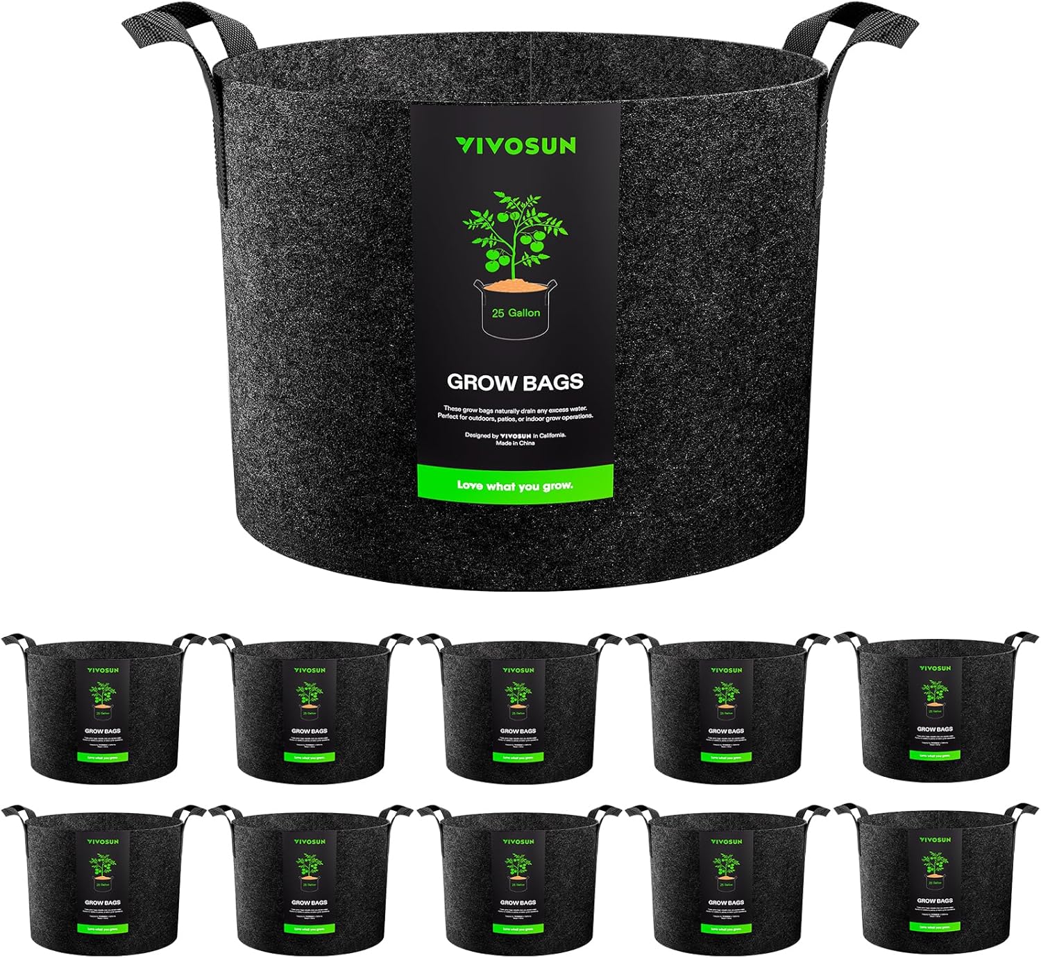 VIVOSUN 25 Gallon Grow Bags - 10-Pack Reinforced Fabric Planter Pots for Gardening | Black