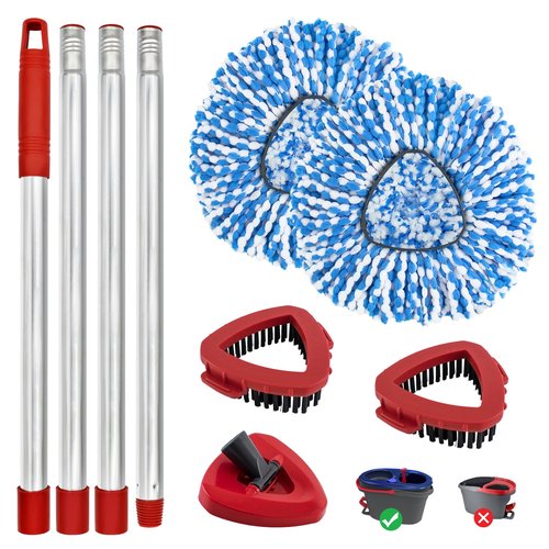 Spin Mop Handle, Mop Replacement Heads,Brush,Base Compatible with OCedar RinseClean 2 Tank,Inclued 2 Microfiber Mop Heads,1 Mop Base,2 Brush and 4-Section Mop Handle for Ocedar,Use for Floor Cleaning