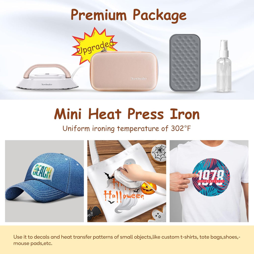Newbealer Travel Iron - Mini Dry Iron with Global Voltage, 100-240V, 300W, Non-Stick Soleplate (Gold)