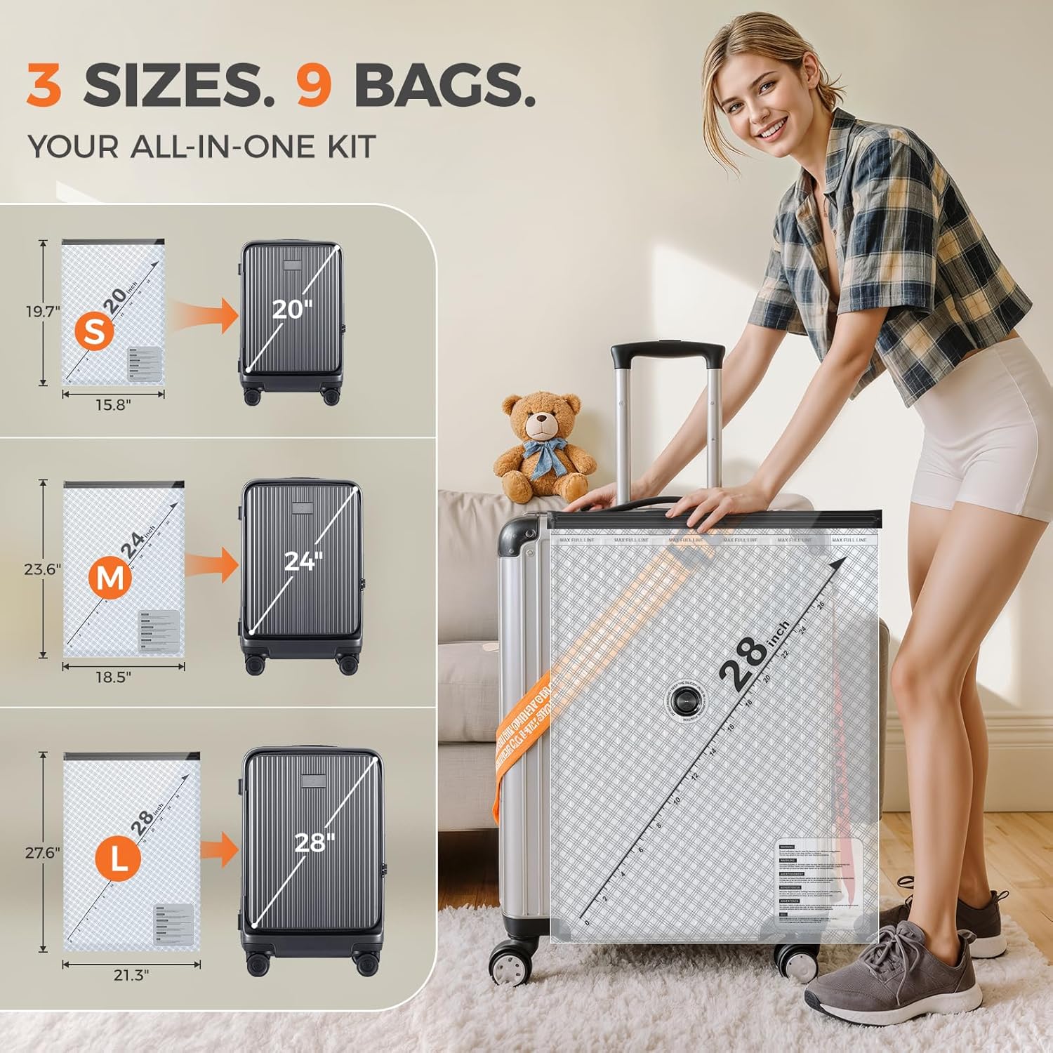 Nicetree Vacuum Storage Bags - 9-Pack with Rechargeable Wireless Pump | 3 Sizes (20/24/28 Inch) for Clothing & Bedding