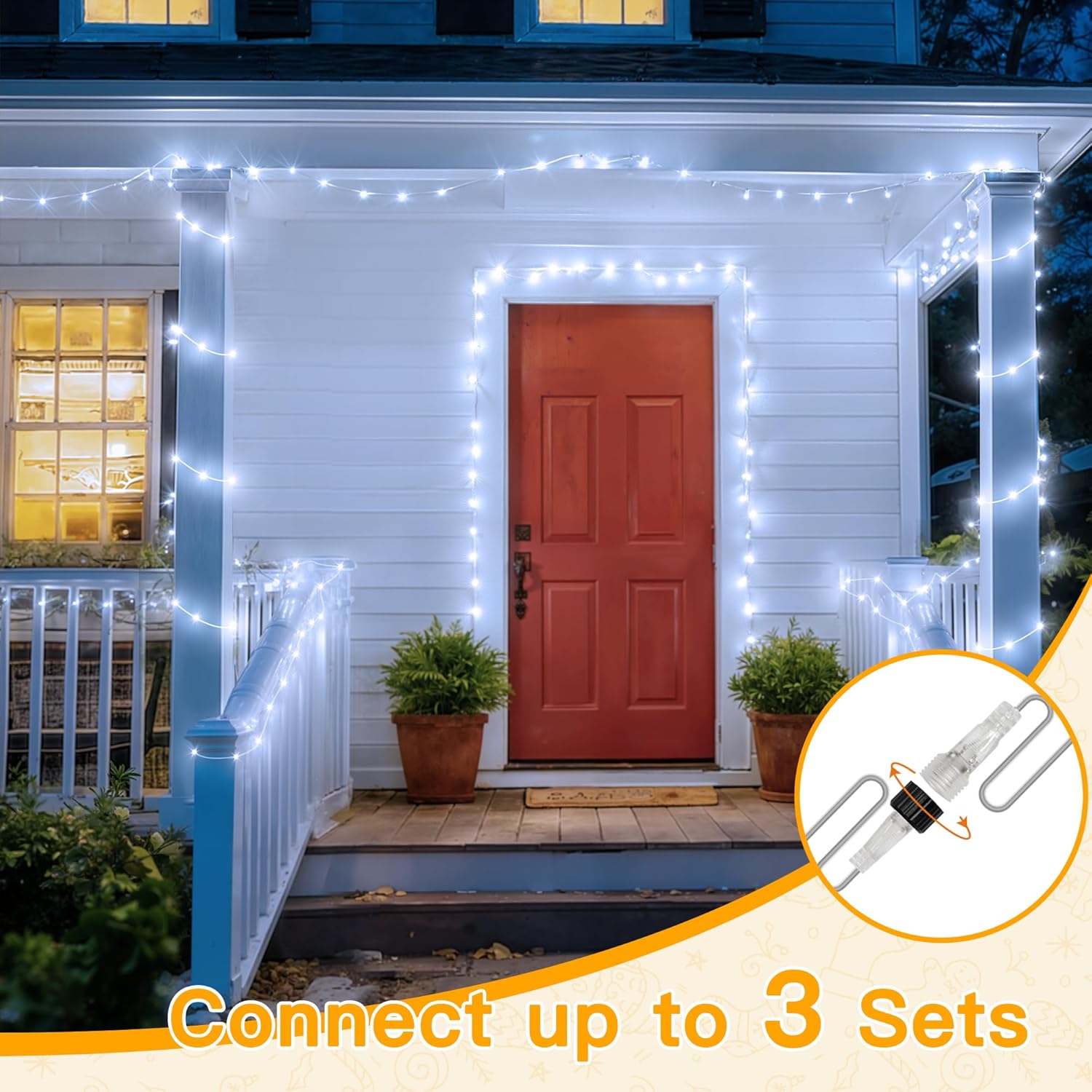 Ollny 200 LED Christmas Lights - 60FT Cool White Connectable String Lights | Waterproof, 8 Modes for Indoor/Outdoor Use