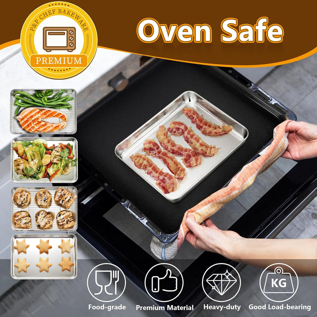 P&P CHEF Toaster Oven Pans Set - 10.4 & 9 Inch Stainless Steel Baking Trays with Racks | Non-Toxic & Dishwasher Safe