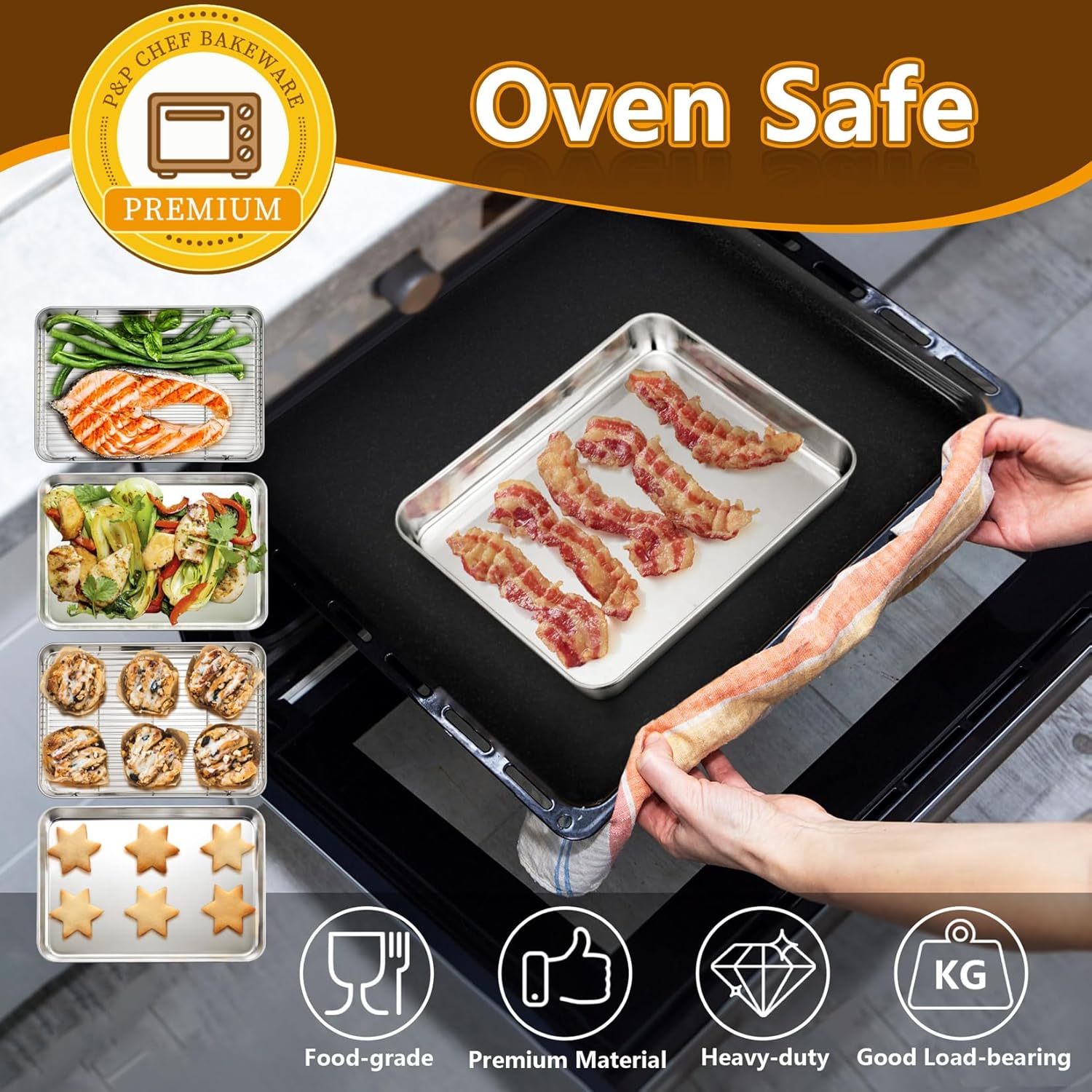 P&P CHEF Toaster Oven Pans Set - 10.4 & 9 Inch Stainless Steel Baking Trays with Racks | Non-Toxic & Dishwasher Safe