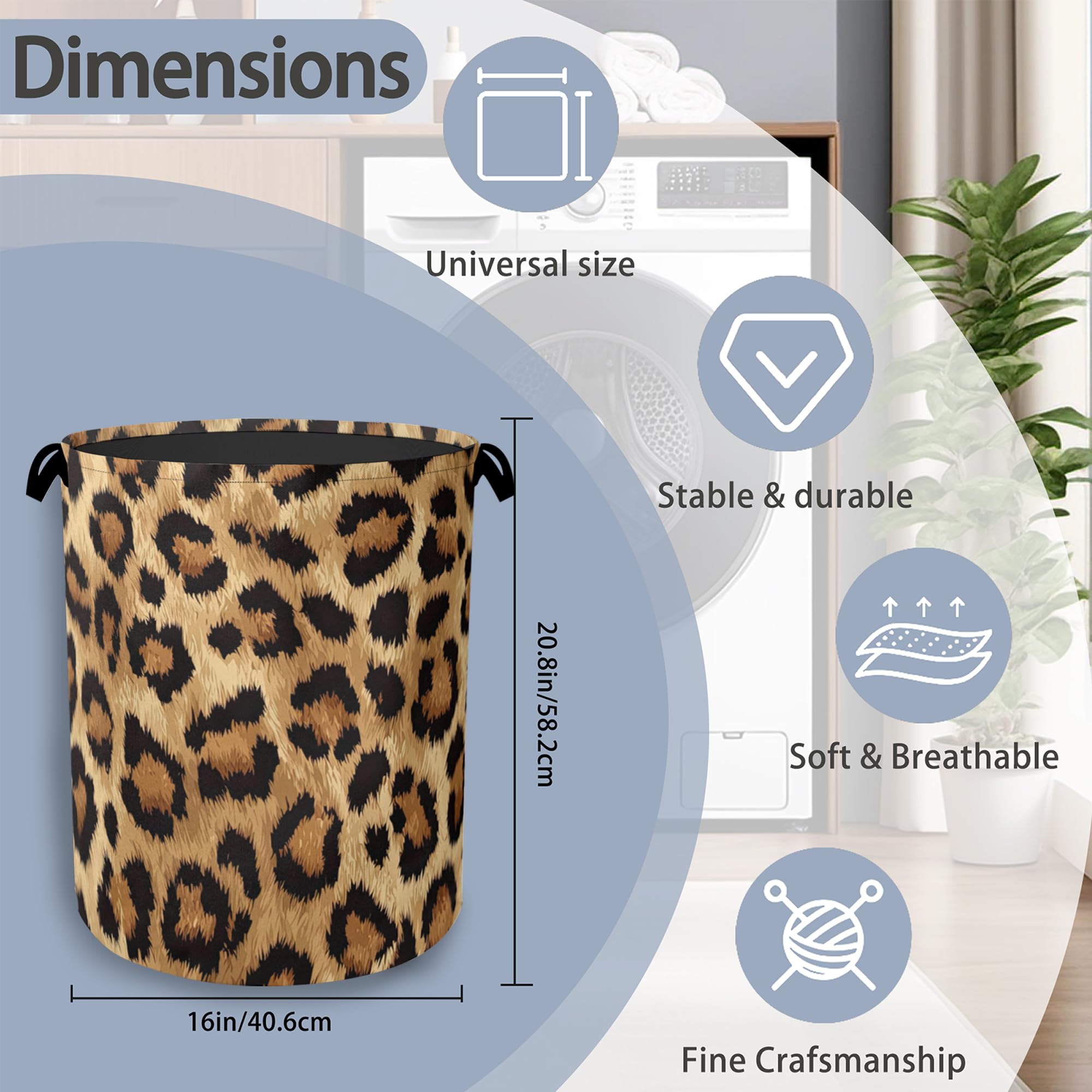 Brown Leopard Laundry Basket,Foldable with Handles Tote Bag Oxford Cloth for Bathroom Bedroom Dirty Clothes Storage Bucket 16" x 20.8"