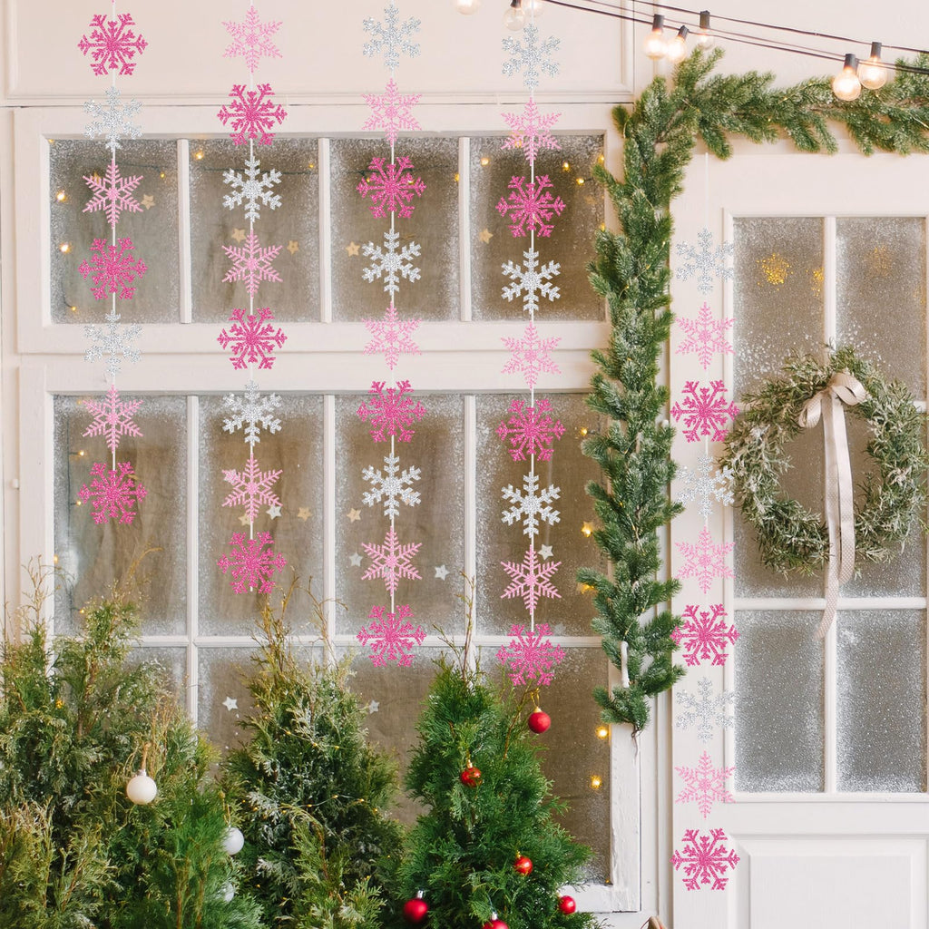 54Pcs Snowflake Garland Decorations Pink Silver Glitter Snowflake Banner for Christmas Winter Wonderland Party Decoration