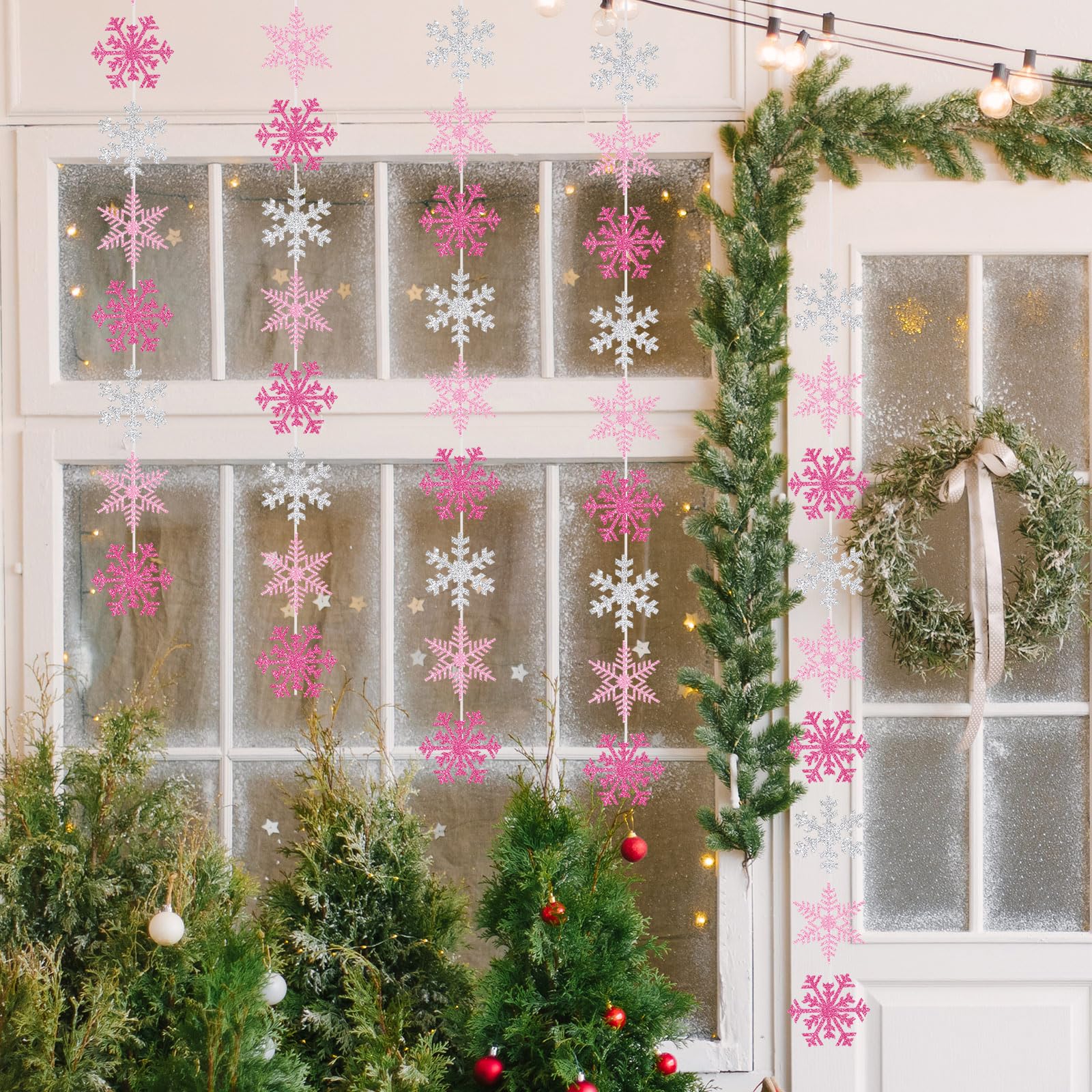 54Pcs Snowflake Garland Decorations Pink Silver Glitter Snowflake Banner for Christmas Winter Wonderland Party Decoration