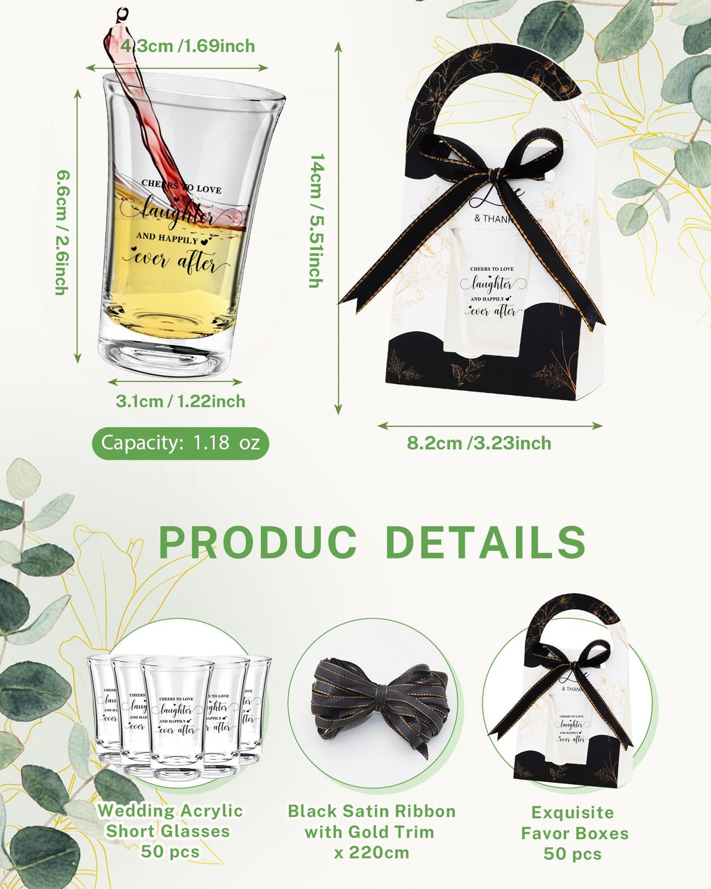 STELOVIKI 50 Sets Wedding Favors for Guests- Acrylic Clear Personalized 1.18oz Shot Glasses Bulk With Gifts Boxes & E-Cards Templates for Wedding Bridal Shower Gifts